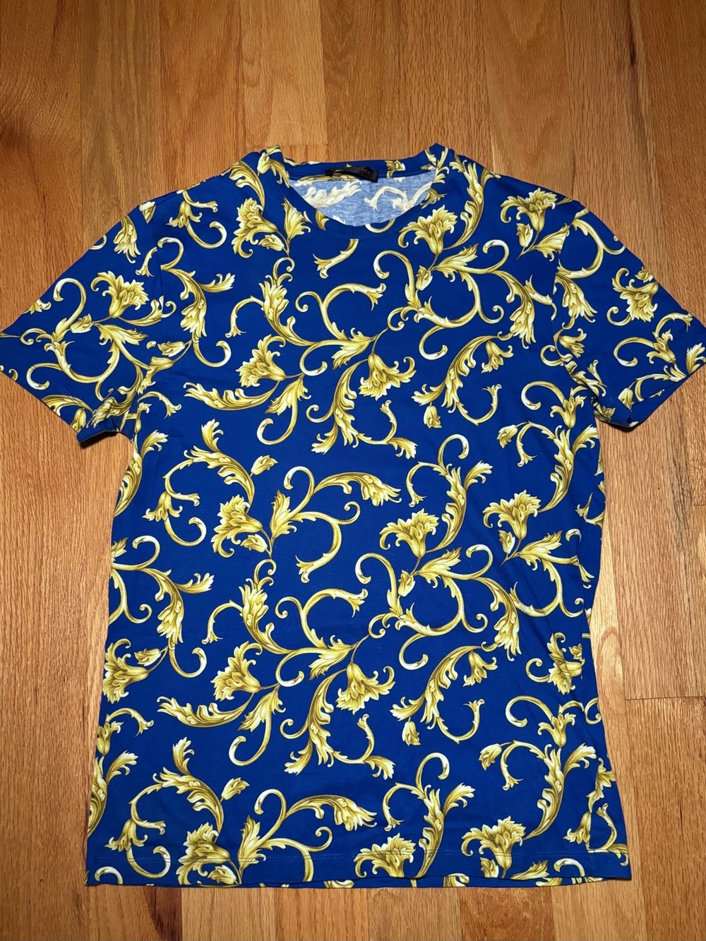 Versace Royal Blue Gold Hibiscus Runway Tshirt, Like New